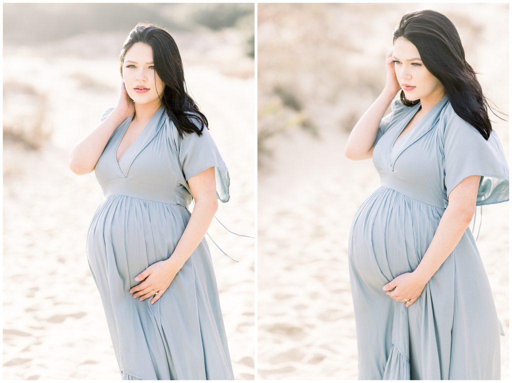 pregnant mother in a blue dress on the beach

