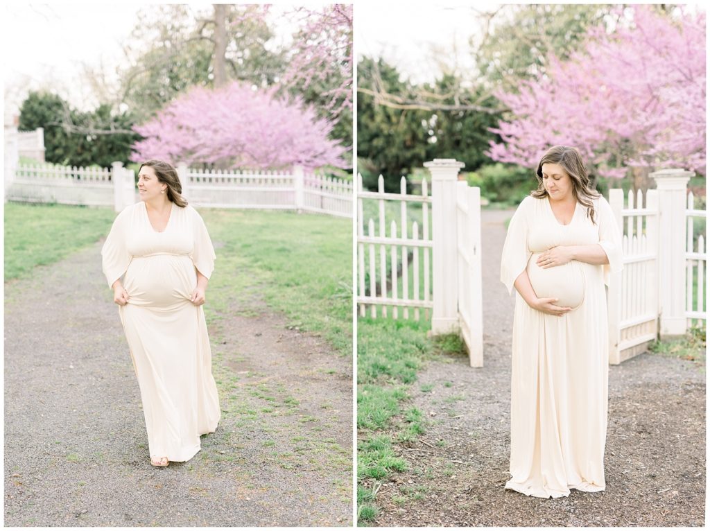 pregnant woman in a cream dress
