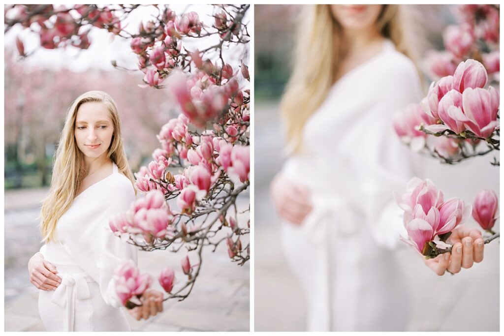 stuttgart maternity photographer documents pregnant woman with magnolia blooms
