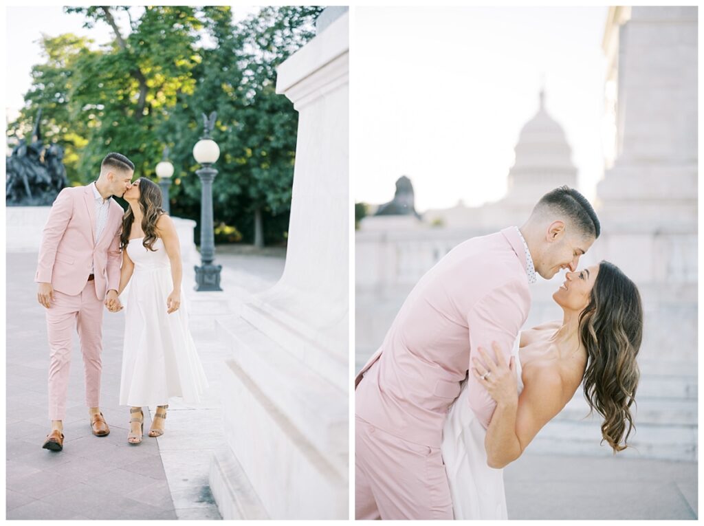 engaged couple with a man in a pink suit and woman in a white dress
